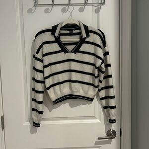 White and Black Striped Collared Sweater